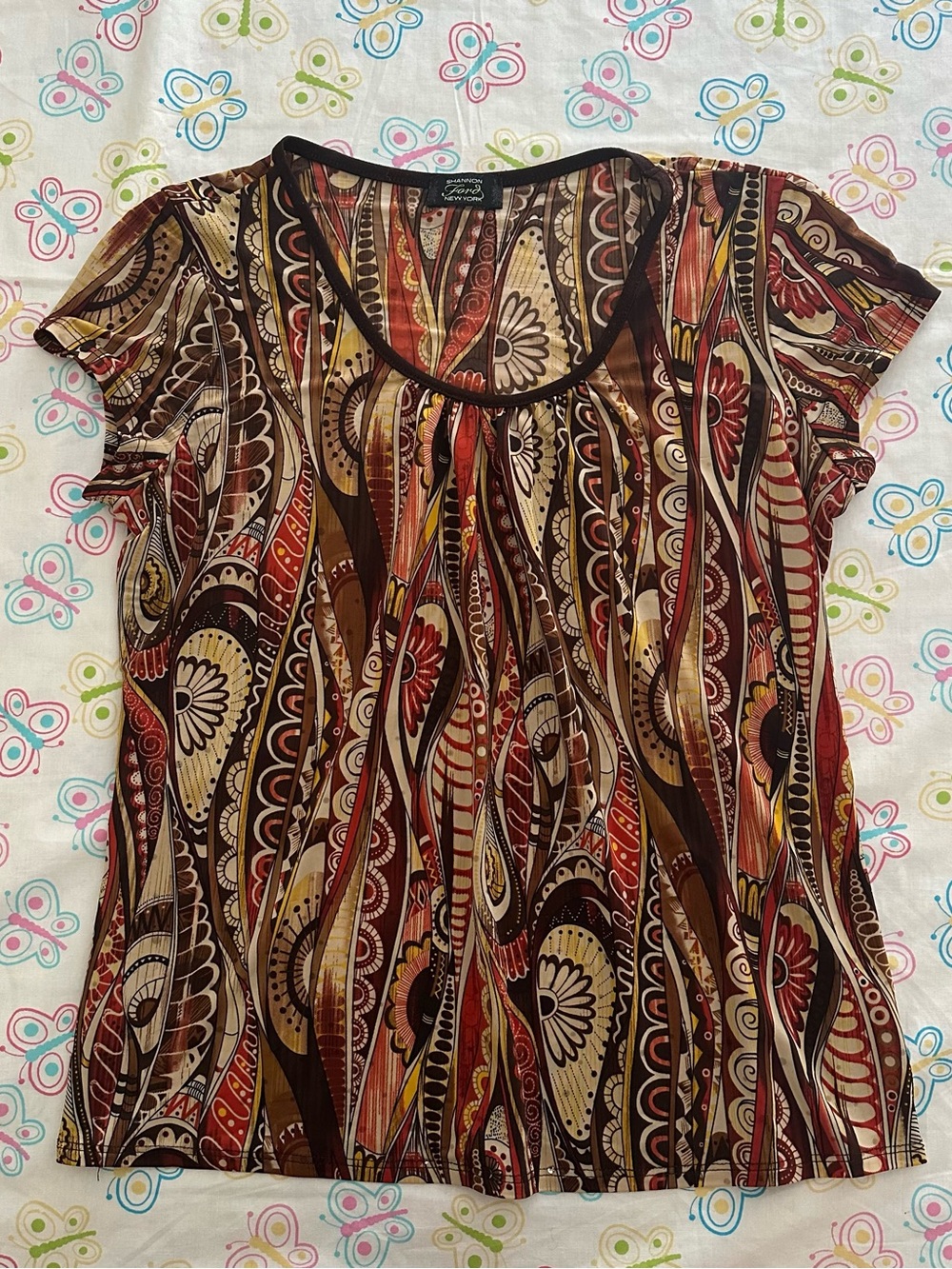 Vintage Shannon Ford Brown Orange & Yellow Whimsy Floral Paisley Print Top